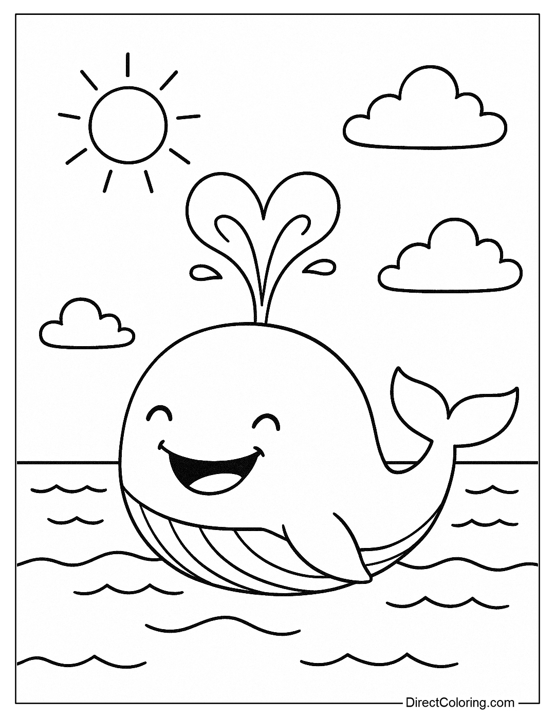 a beach coloring page with a whale spouting heart-shaped water, smiling.